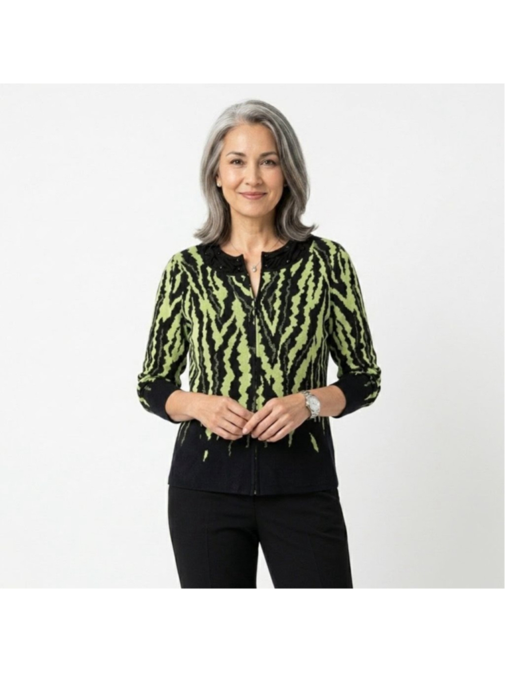 Ming Wang Black Lime Green Zebra Print Cardigan-Large - Picture 2 of 10
